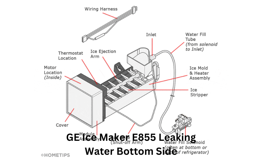 ge ice maker e855 leaking water bottom side